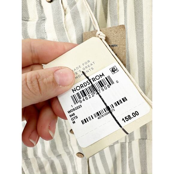 Faherty Tie Strap Organic Cotton Gray Stripe Button Front Midi Dress Size M NWT - Picture 5 of 5